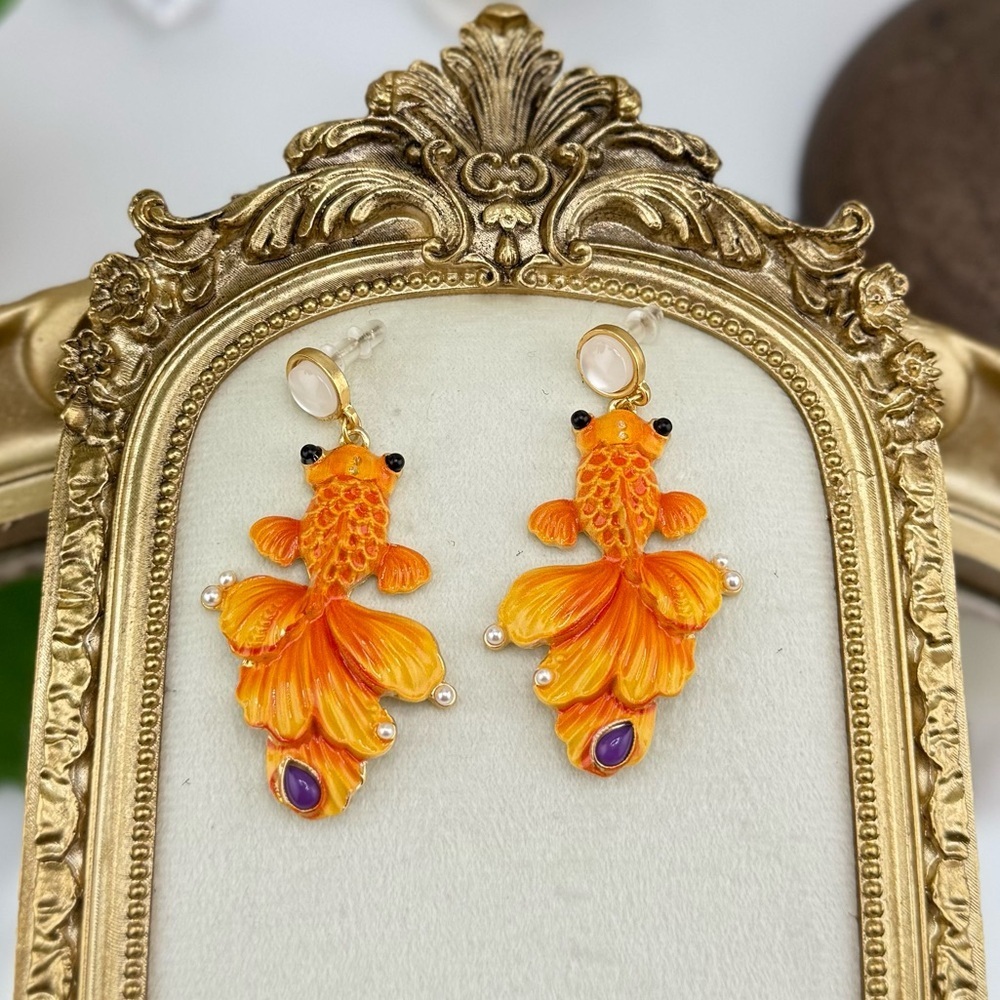 Statement Goldfish Earrings – Hand-Painted Enamel & Pearl Detail - Picture 3 of 10